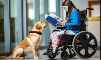 flicka i rullstol läsning bok. vid sidan av henne trogen service hund. generativ ai foto