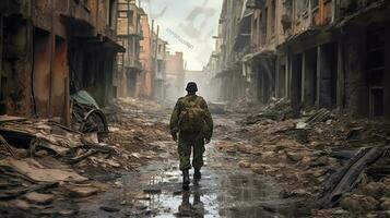 en ensam soldat promenader genom de krigshärjade stad mellan förstörd byggnader. generativ ai foto