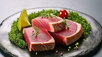 sällsynt ahi tonfisk biff skivor med färsk örter. generativ ai foto