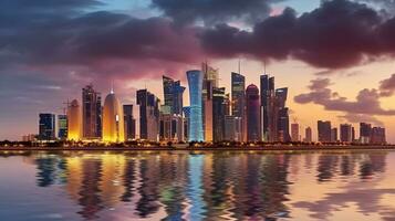panorama av de stad Centrum av doha, under en molnig solnedgång, generativ ai foto