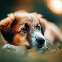 gyllene retriever hund njuter utomhus på en stor gräs fält på solnedgång, skön gyllene ljus. generativ ai foto