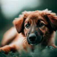 gyllene retriever hund njuter utomhus på en stor gräs fält på solnedgång, skön gyllene ljus. generativ ai foto