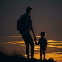 en man och en barn är stående på en strand på solnedgång generativ ai foto