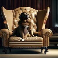 en hund bär en smoking sitter på en guld och svart stol generativ ai foto