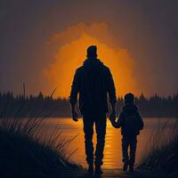 en man och en barn promenad ner en väg med de Sol Bakom dem generativ ai foto