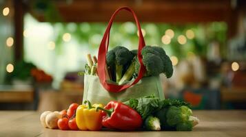 handla påsar med färsk grönsaker, miljövänlig mat på en trä- tabell med suddig mataffär gångar i de bakgrund. foto