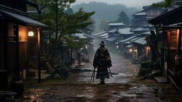 en samuraj står i de gränd av ett gammal hus i de kicho dal på natt.genererad med ai foto