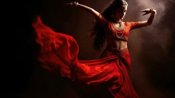 skön indisk flicka hindu kvinna modell i sari och kundan Tillbehör röd traditionell kostym av Indien foto
