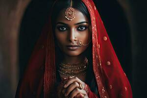 skön indisk flicka hindu kvinna modell i sari och kundan Tillbehör röd traditionell kostym av Indien foto