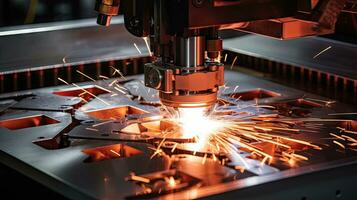 cnc fräsning maskin. laser skärande av stål för metall. maskin verktyg industri utställning, laser gnistor foto