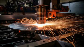 cnc fräsning maskin. laser skärande av stål för metall. maskin verktyg industri utställning, laser gnistor foto