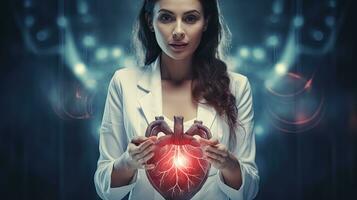 kvinna läkare prövosten virtuell hjärta i hand hand dragen mänsklig organ highlighting röd är en symbol av sjukdom. sjukhus behandling begrepp foto