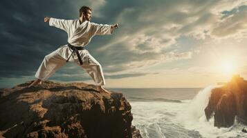 isolerat vit karate kämpe i vit enhetlig stående i de mitten av en klippa foto