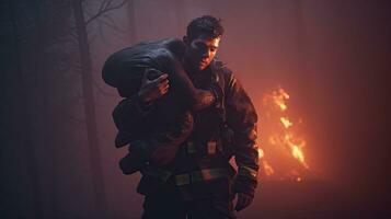 närbild av brandmän bär masker. bekämpa skogsbränder som klimat förändra och global uppvärmningen kör löpeld trender runt om de värld foto