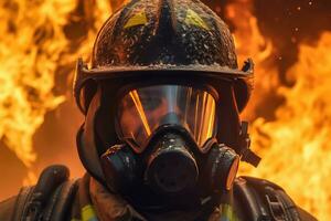 närbild av brandmän bär masker. bekämpa skogsbränder som klimat förändra och global uppvärmningen kör löpeld trender runt om de värld foto