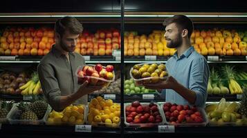 ung man handla, sätta frukt in i korgar i en stor modern mataffär till köpa mat. foto