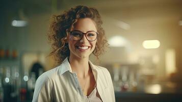 skön kvinna, affärsman Lycklig person bär glasögon och ser på kamera närbild av leende kvinnas ansikte framgångsrik kvinna foto