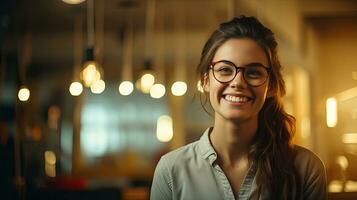skön kvinna, affärsman Lycklig person bär glasögon och ser på kamera närbild av leende kvinnas ansikte framgångsrik kvinna foto