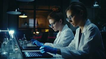 två kvinna vetenskapsmän är använder sig av bärbara datorer i de laboratorium. foto