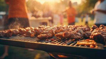 familj grupp festa utomhus fokus på grillning mat i offentlig trädgårdar. Plats för text foto