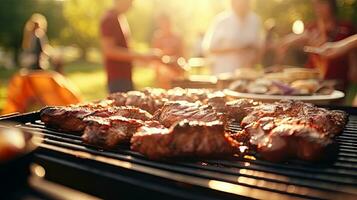 familj grupp festa utomhus fokus på grillning mat i offentlig trädgårdar. Plats för text foto