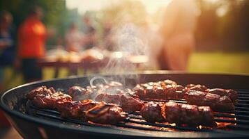 familj grupp festa utomhus fokus på grillning mat i offentlig trädgårdar. Plats för text foto