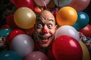 färgrik clown illustration av en Lycklig clown spelar med ballonger på en barns födelsedag fest. foto