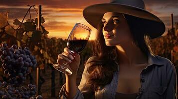 skön flicka klunkar röd vin i en vingård på solnedgång , franska röd vin foto