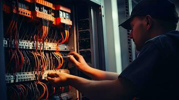 elektriker ingenjör med planen till kolla upp elektrisk tillförsel i främre av kontrollera säkring växel foto