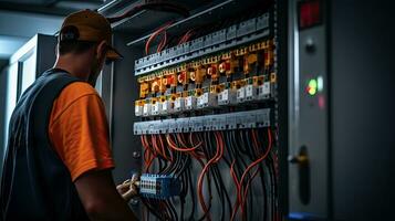 elektriker ingenjör med planen till kolla upp elektrisk tillförsel i främre av kontrollera säkring växel foto