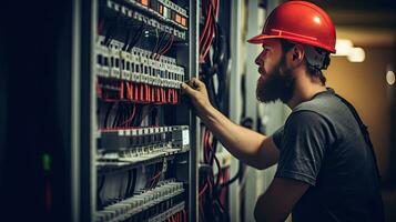 elektriker ingenjör med planen till kolla upp elektrisk tillförsel i främre av kontrollera säkring växel foto