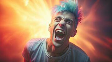 närbild Foto av en stilig flerfärgad hår man leende allmänt, som visar av hans perfekt tänder. uttrycka din känslor i en ljust belyst rum de begrepp av människor och lycka