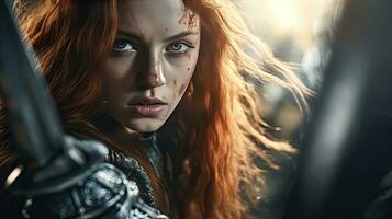 skön kvinna krigare i medeltida metall rustning med svärd. fe- berättelse berättelser handla om krigare, film tona foto