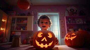 grupp av barn klädd upp för halloween, 3 barn har roligt på halloween foto