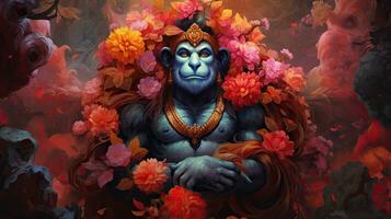 3d illustration av de indisk Gud hanuman med en blommig bakgrund omgivande Det. foto