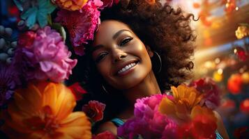 skönhet av en skön afrikansk kvinna med en bakgrund av färgrik blommor. foto
