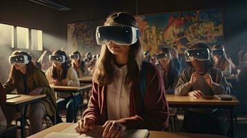 pedagogisk innovation kvinna studerande i virtuell verklighet glasögon går med lärare under lektion i ljus klassrum på skola foto