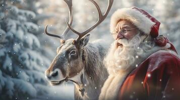 santa claus är nära hans ren i de snöig skog foto