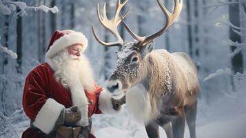 santa claus är nära hans ren i de snöig skog foto