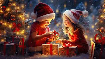Lycklig ny år 2024, skön jul gåva låda med röd band och tall kon på tabell nära träd, Plats för text foto