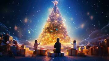 Lycklig ny år 2024, skön jul gåva låda med röd band och tall kon på tabell nära träd, Plats för text foto