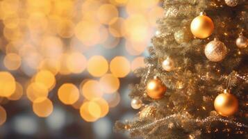 gyllene jul boll av defocused lampor med dekorerad träd Lycklig ny år 2024 där är Plats till stiga på text. foto
