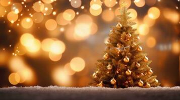 gyllene jul boll av defocused lampor med dekorerad träd Lycklig ny år 2024 där är Plats till stiga på text. foto
