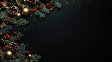 jul sten bakgrund med snö gran träd, gåva låda och dekor. topp se med kopia Plats foto
