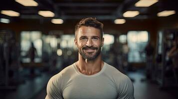 stilig ung man med stark kondition visa av din 6-pack magmuskler i de Gym. foto