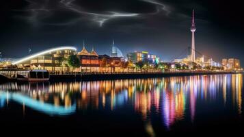 hög vinkel se av Düsseldorf festival natt se längs de flod foto