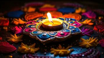 olja lampor belyst på färgrik rangoli under diwali firande färgrik lera diya lampor med blommor foto