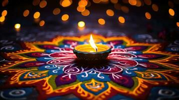 olja lampor belyst på färgrik rangoli under diwali firande färgrik lera diya lampor med blommor foto