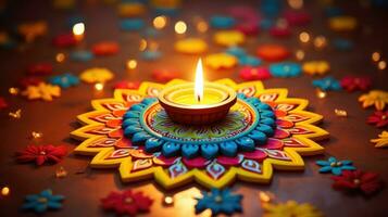 olja lampor belyst på färgrik rangoli under diwali firande färgrik lera diya lampor med blommor foto