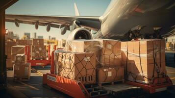 stor lådor av varor är lastad till transport flygplan, internationell frakt transport foto